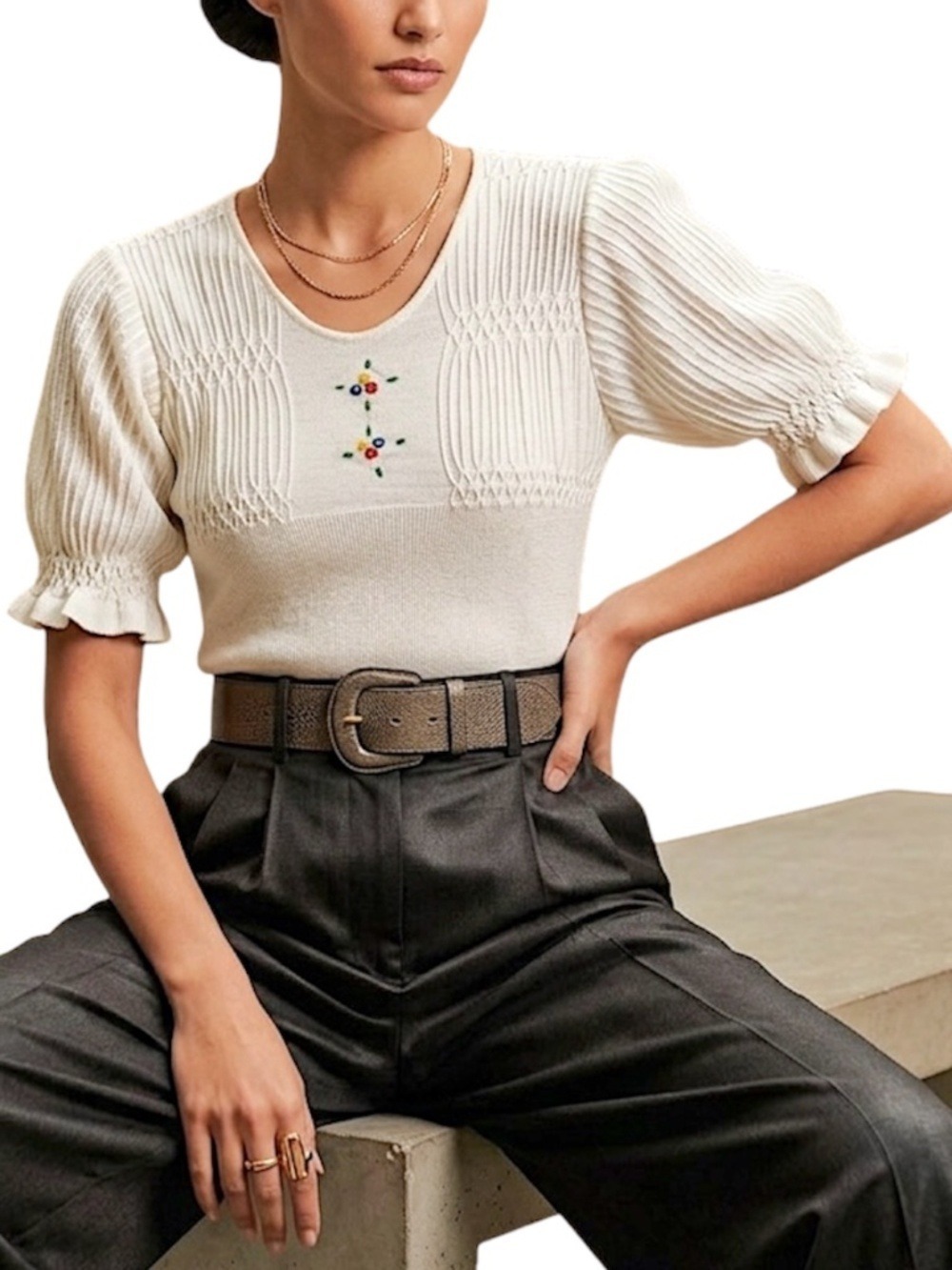 Vtg 70s 80s ivory puff sleeve embroidered cottagecore retro knit sweater top 42